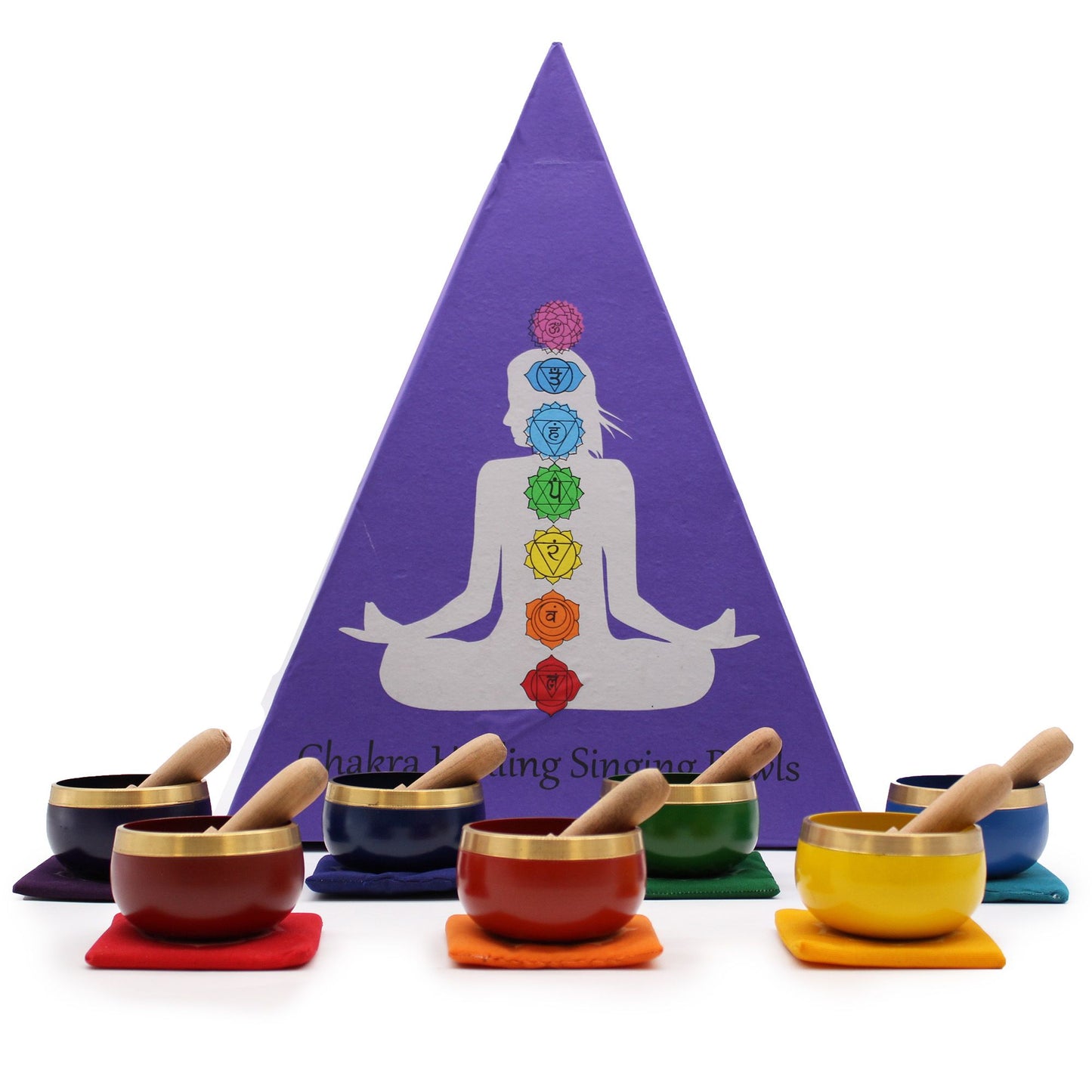 Chakra Pyramid Singing Bowl Gift Set lifestyle product photo on neutral background