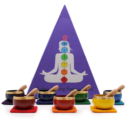 Chakra Pyramid Singing Bowl Gift Set lifestyle product photo on neutral background