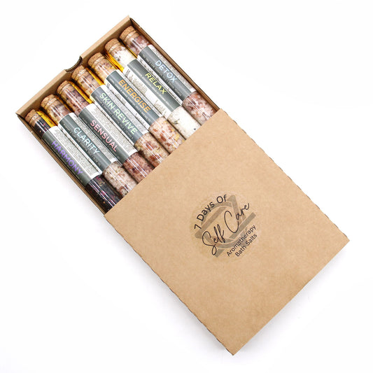 Bath Salts in Vials - Gift Pack of 7 lifestyle product photo on neutral background