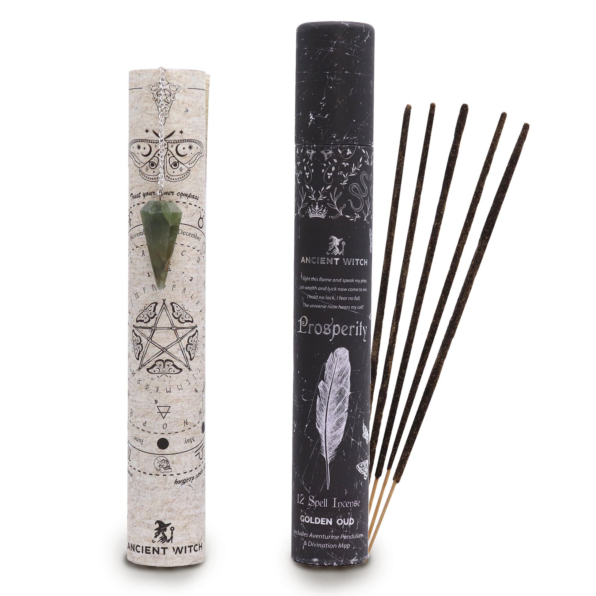 Ancient Witch Spell Incense - Prosperity - Aventurine Pendulum lifestyle product photo on neutral background
