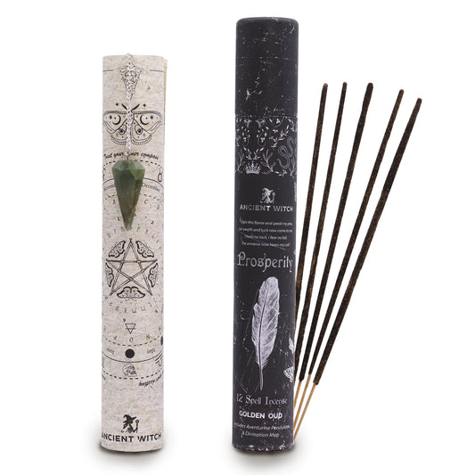 Ancient Witch Spell Incense - Prosperity - Aventurine Pendulum lifestyle product photo on neutral background