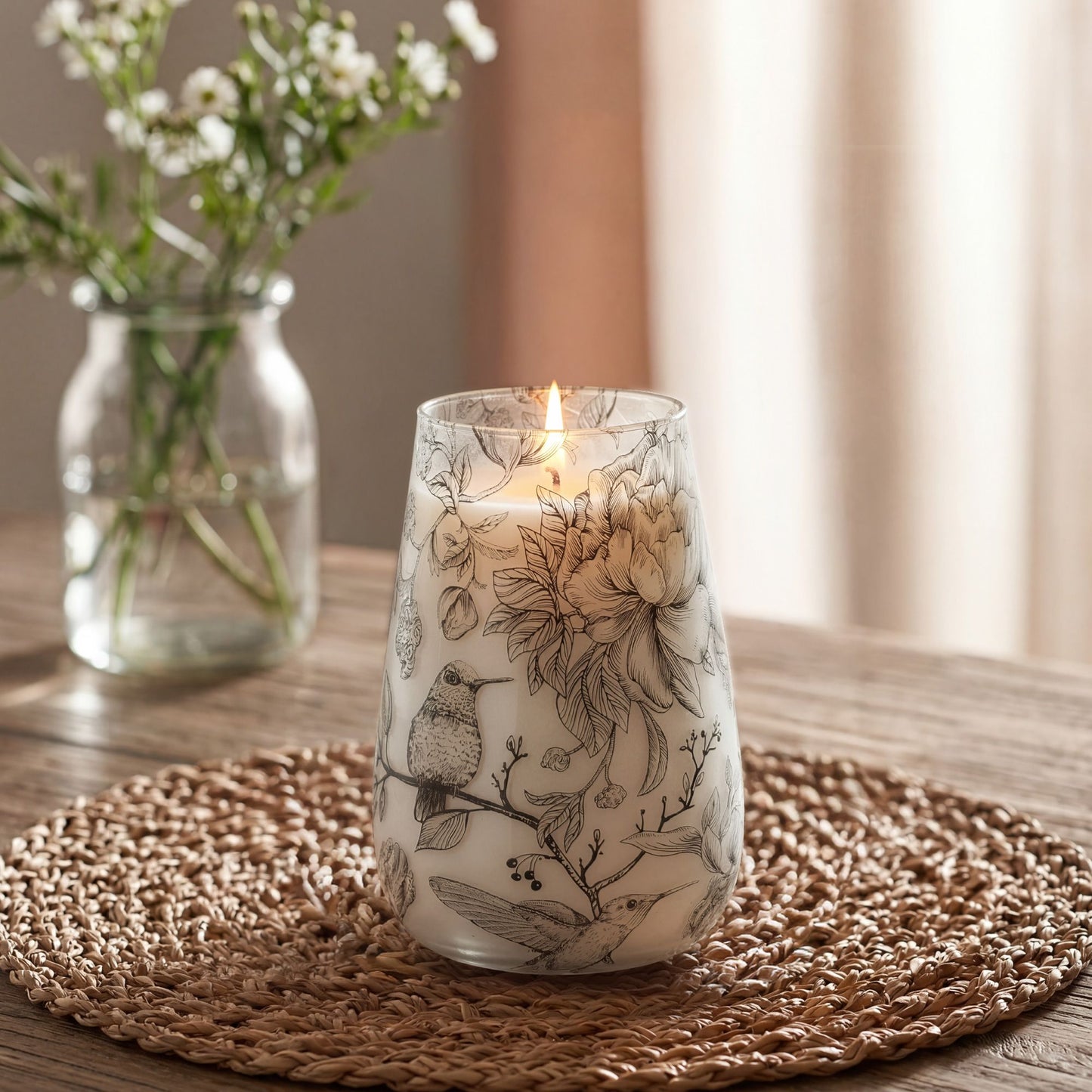 Detailed close up view highlighting the high quality craftsmanship and individual features of the tall glass jar candles drawn by flame513