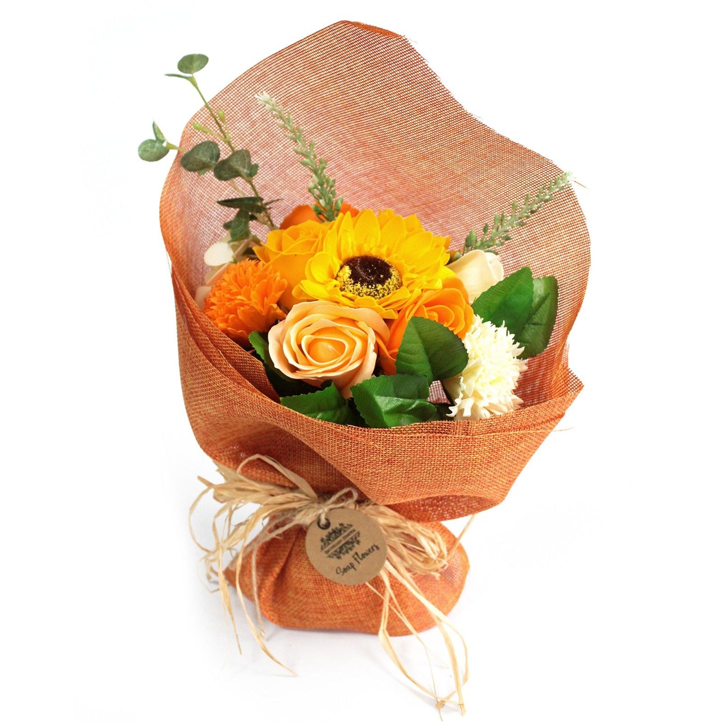 Detailed close up view highlighting the high quality craftsmanship and individual features of the standing soap flower bouquet orange852