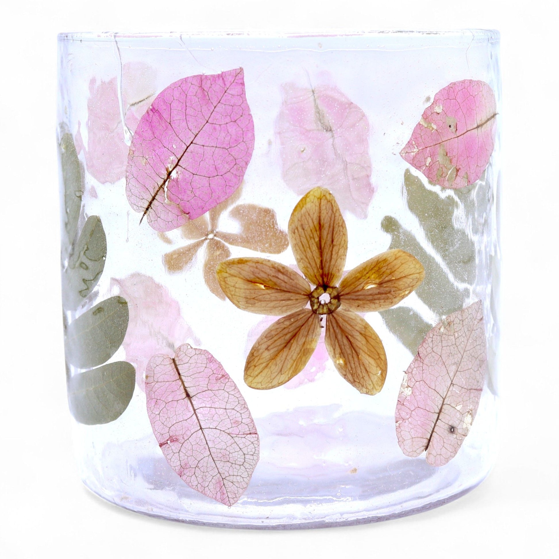 Detailed close up view highlighting the high quality craftsmanship and individual features of the natural floral glass straight candle holder primavera 8x8cm654
