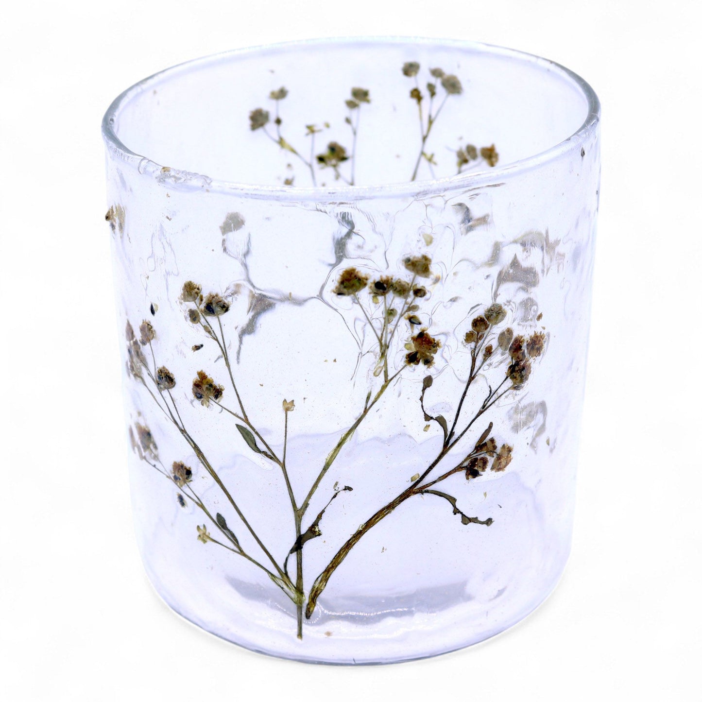 Detailed close up view highlighting the high quality craftsmanship and individual features of the natural floral glass straight candle holder margarita 8x8cm626