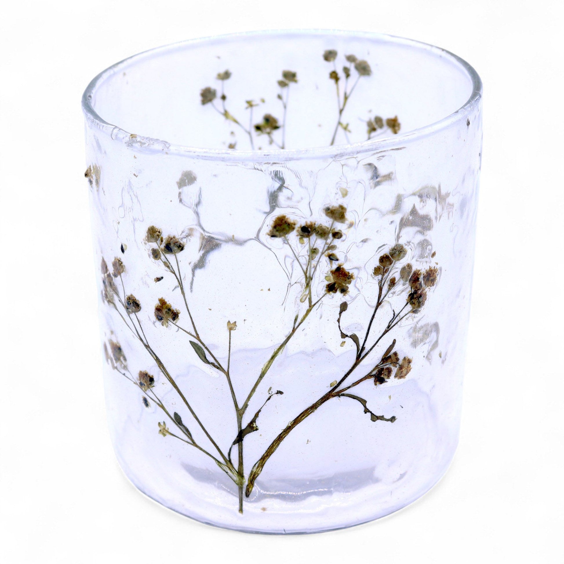 Detailed close up view highlighting the high quality craftsmanship and individual features of the natural floral glass straight candle holder margarita 8x8cm626