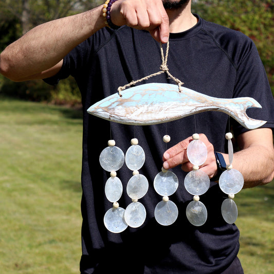 Bluewash Fish Carving and Natural Copis Drop from our luxury driftwood chime collection