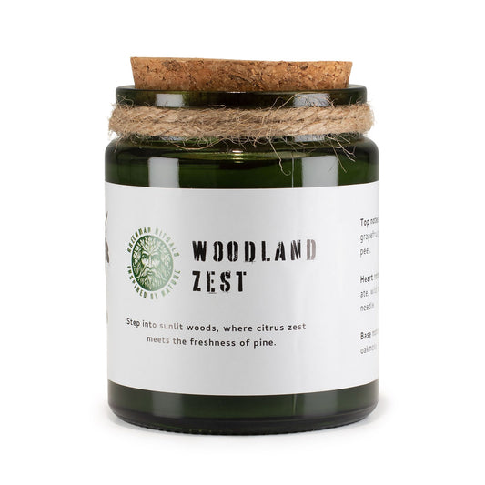 Luxury presentation of the greenman woodwick soy candle woodland zest404 showing the premium artisan packaging and complete set contents