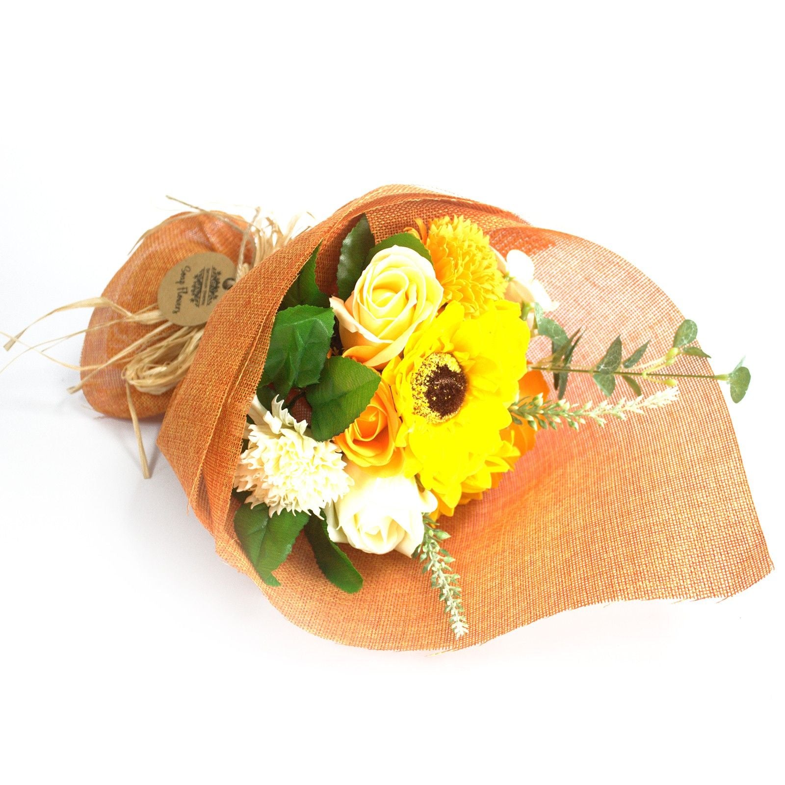 Luxury presentation of the standing soap flower bouquet orange852 showing the premium artisan packaging and complete set contents