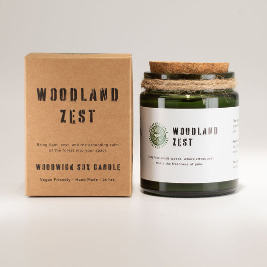 Detailed close up view highlighting the high quality craftsmanship and individual features of the greenman woodwick soy candle woodland zest404