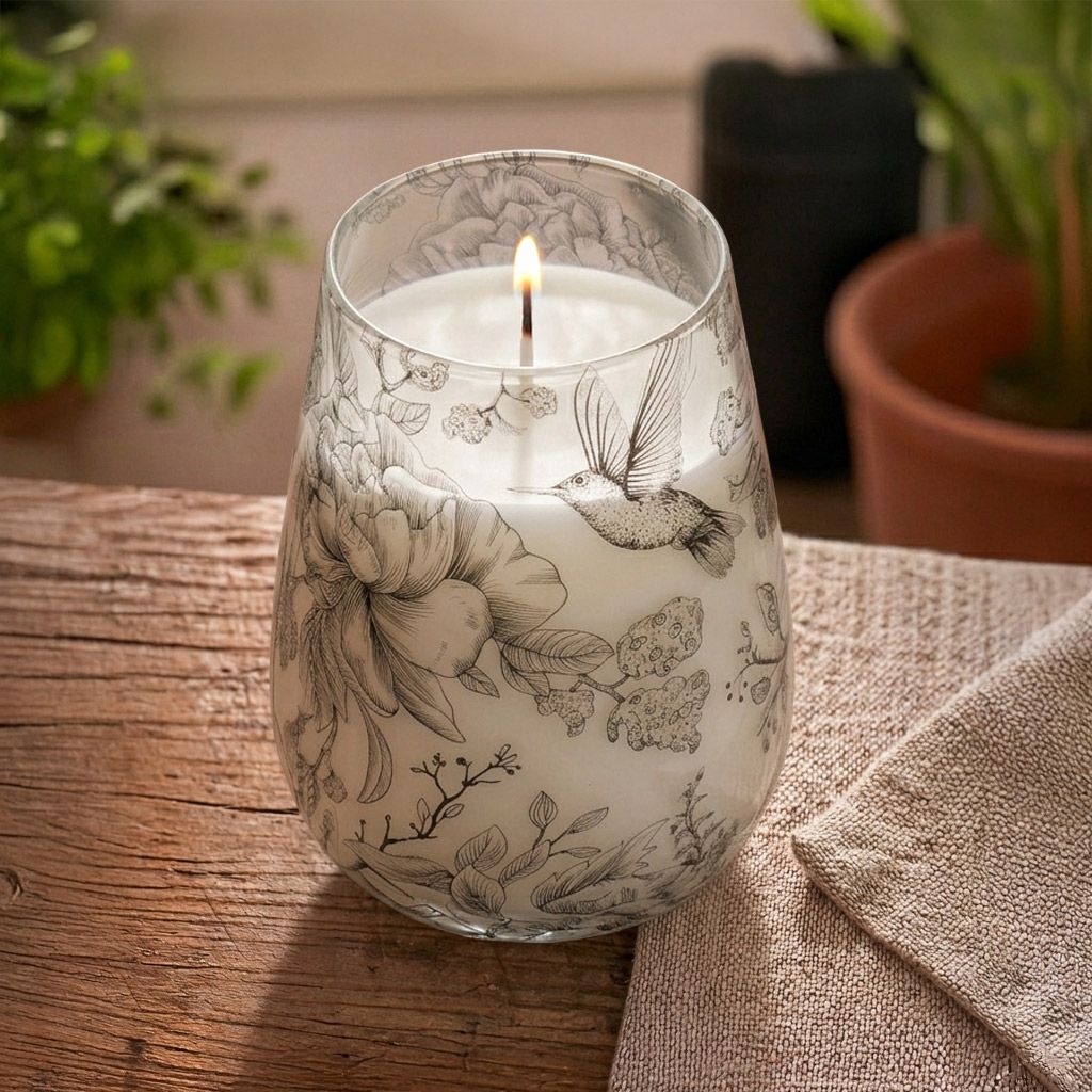 Detailed close up view highlighting the high quality craftsmanship and individual features of the tall glass jar candles drawn by flame513