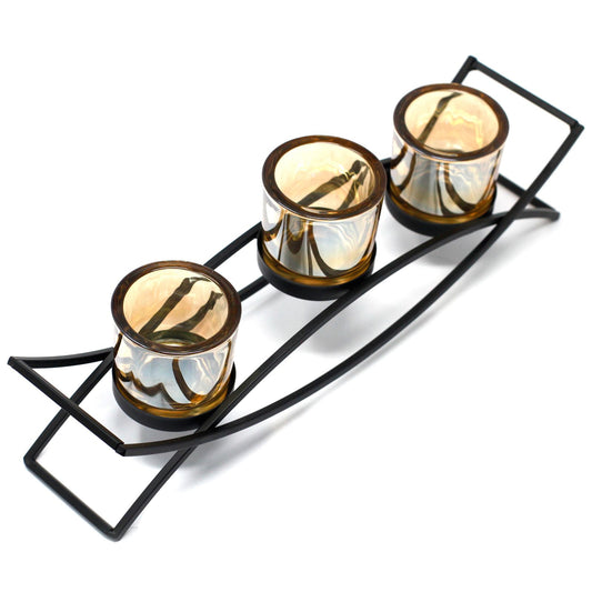 Luxury presentation of the centrepiece iron votive candle holder 3 cup silhouette410 showing the premium artisan packaging and complete set contents