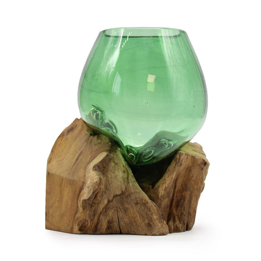 Photo 1 of Eco Recycled Glass Small Bowl On Wood Art Ornament featuring authentic premium craftsmanship.