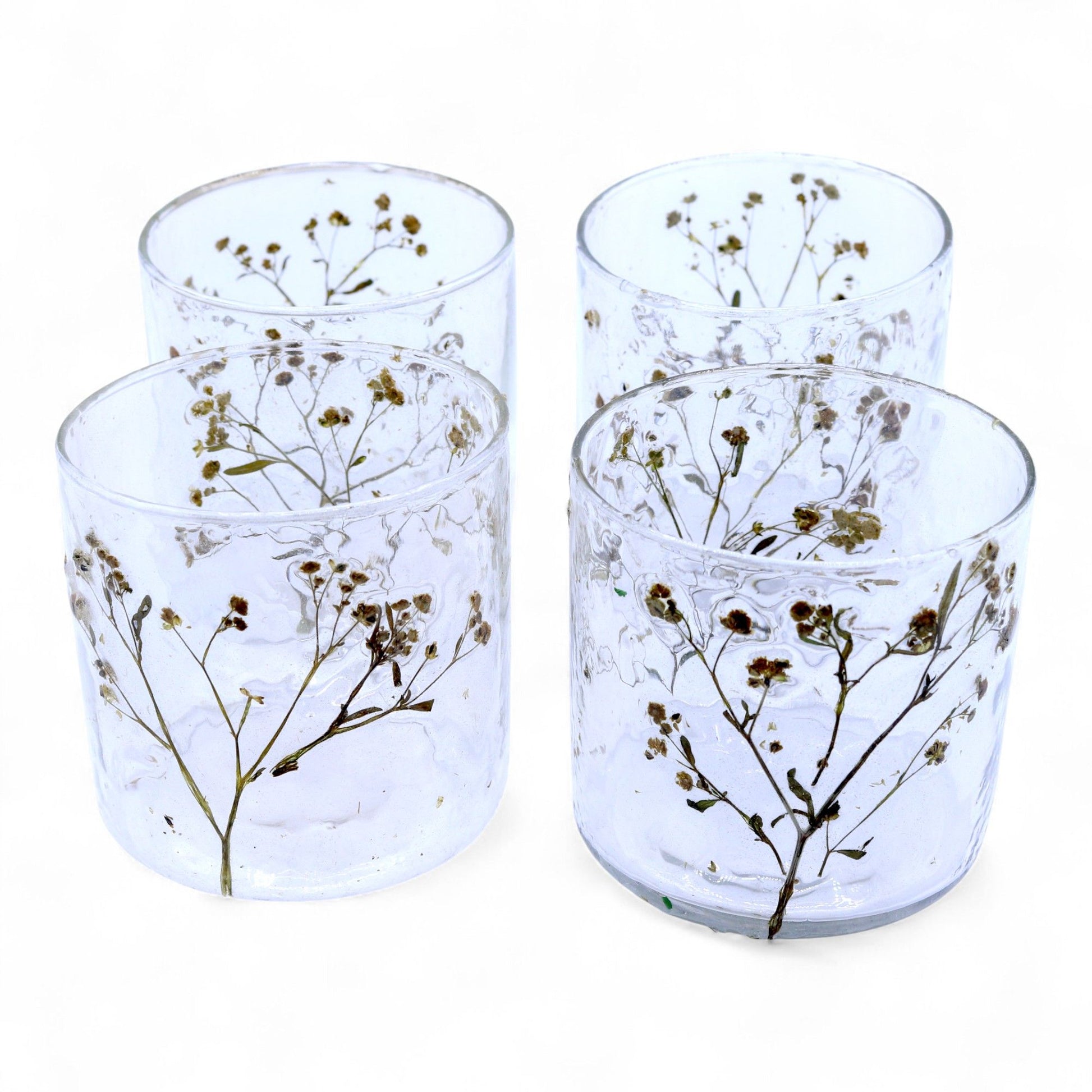 Detailed close up view highlighting the high quality craftsmanship and individual features of the natural floral glass straight candle holder margarita 8x8cm626