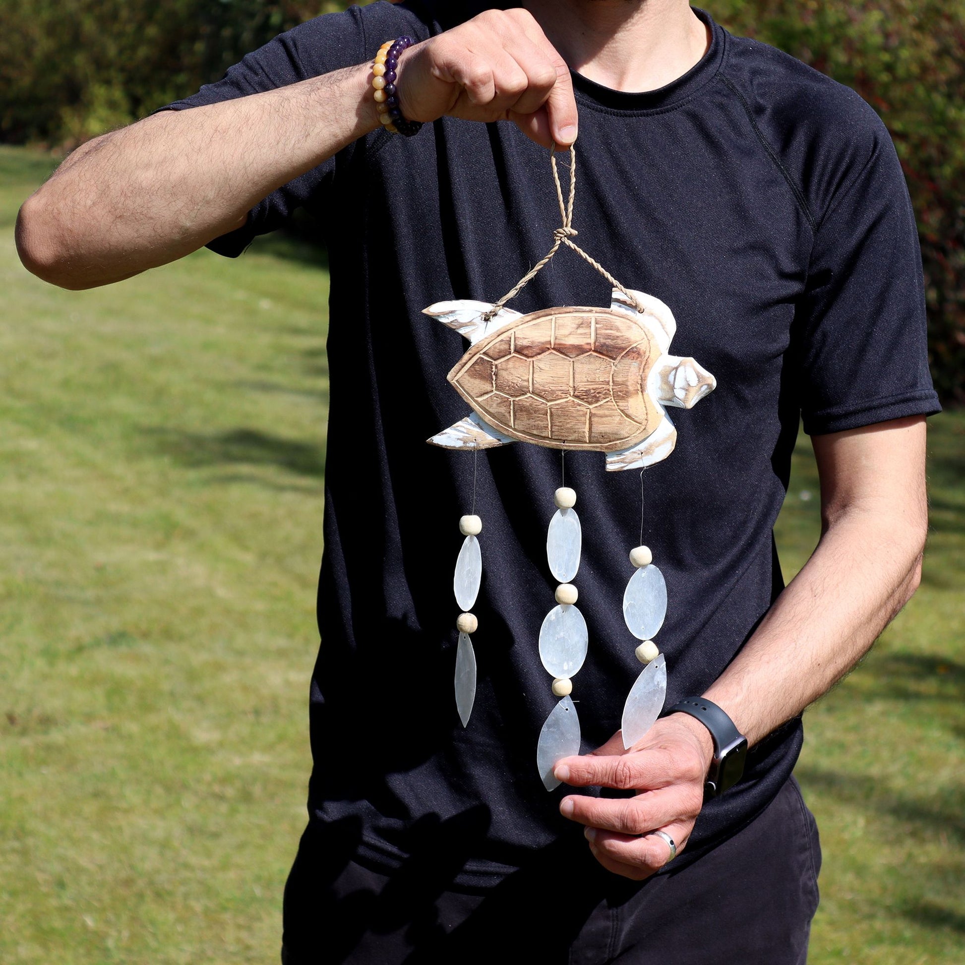Whitewash Turtle Carving and Natural Copis Drop from our luxury driftwood chime collection