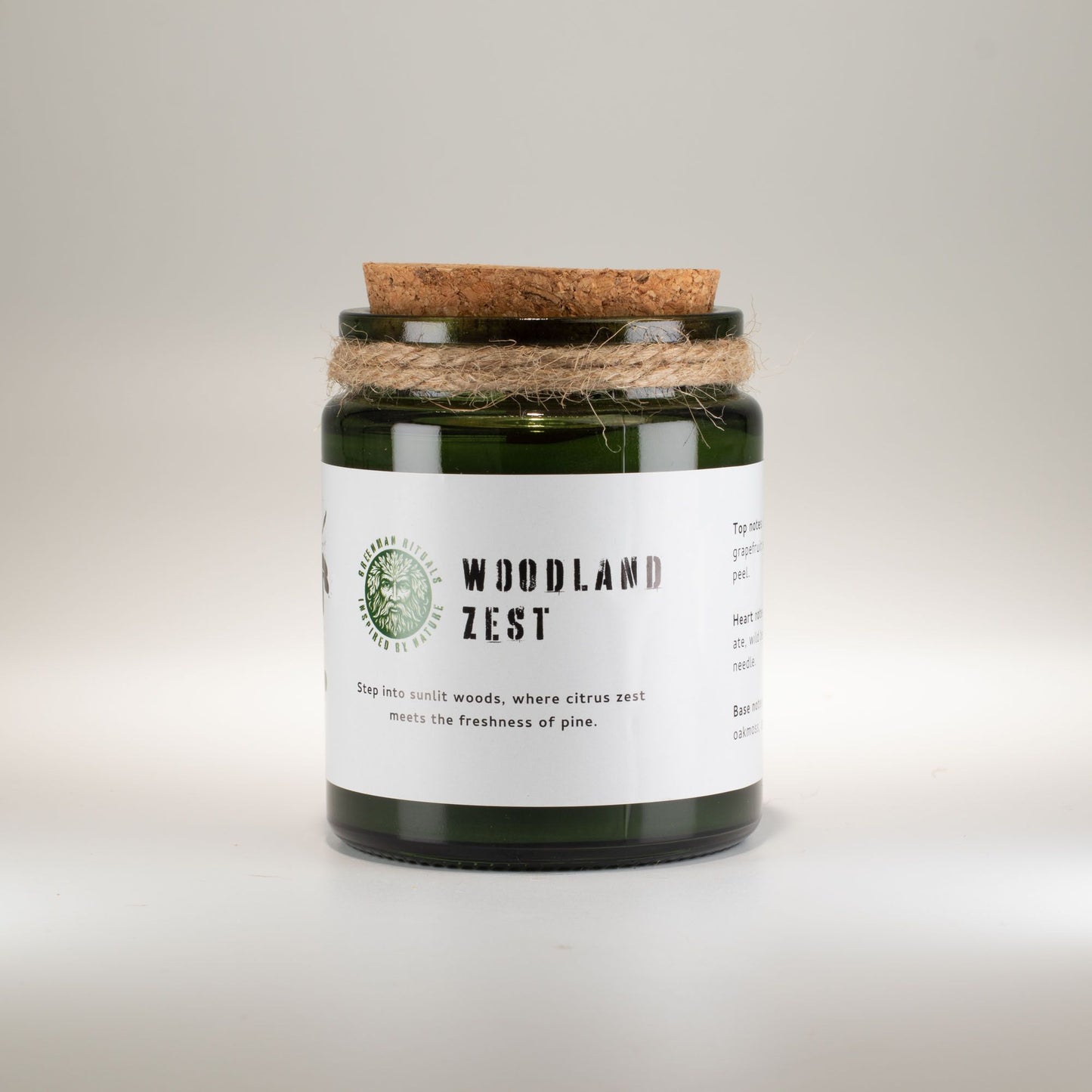 Detailed close up view highlighting the high quality craftsmanship and individual features of the greenman woodwick soy candle woodland zest404