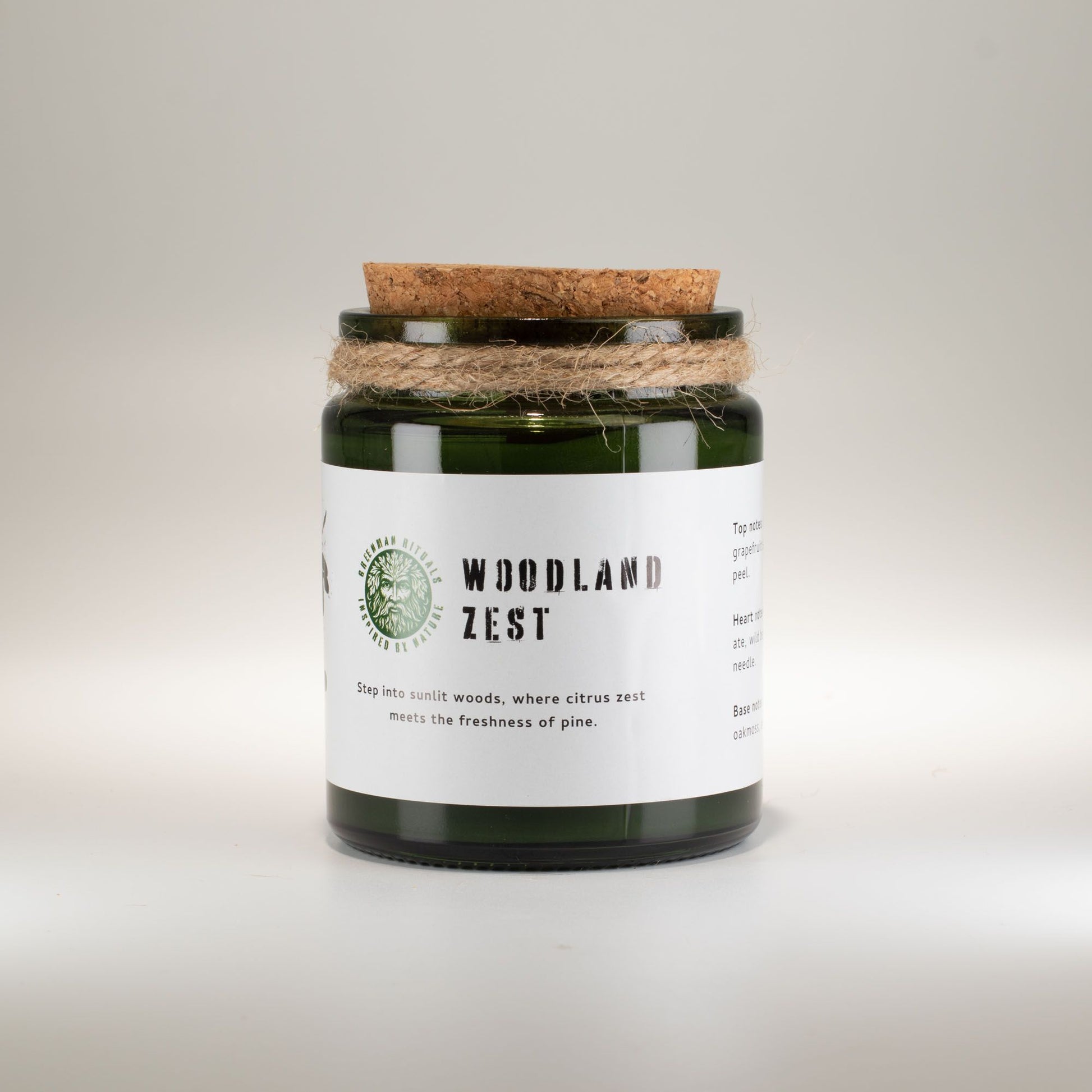 Detailed close up view highlighting the high quality craftsmanship and individual features of the greenman woodwick soy candle woodland zest404