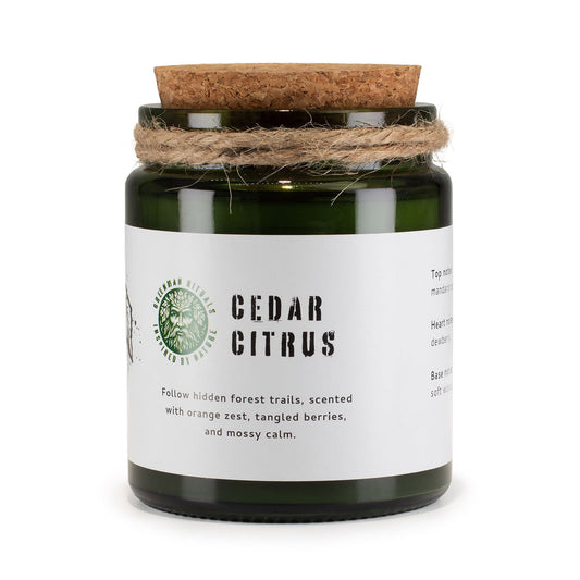 Luxury presentation of the greenman woodwick soy candle cedar citrus447 showing the premium artisan packaging and complete set contents