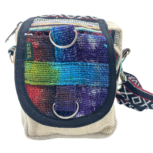 Tiedye Hemp Messenger Bag lifestyle product photo on neutral background