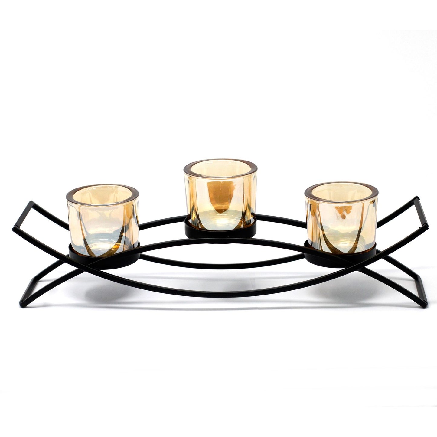 Detailed close up view highlighting the high quality craftsmanship and individual features of the centrepiece iron votive candle holder 3 cup silhouette410
