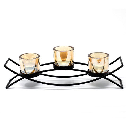Detailed close up view highlighting the high quality craftsmanship and individual features of the centrepiece iron votive candle holder 3 cup silhouette410