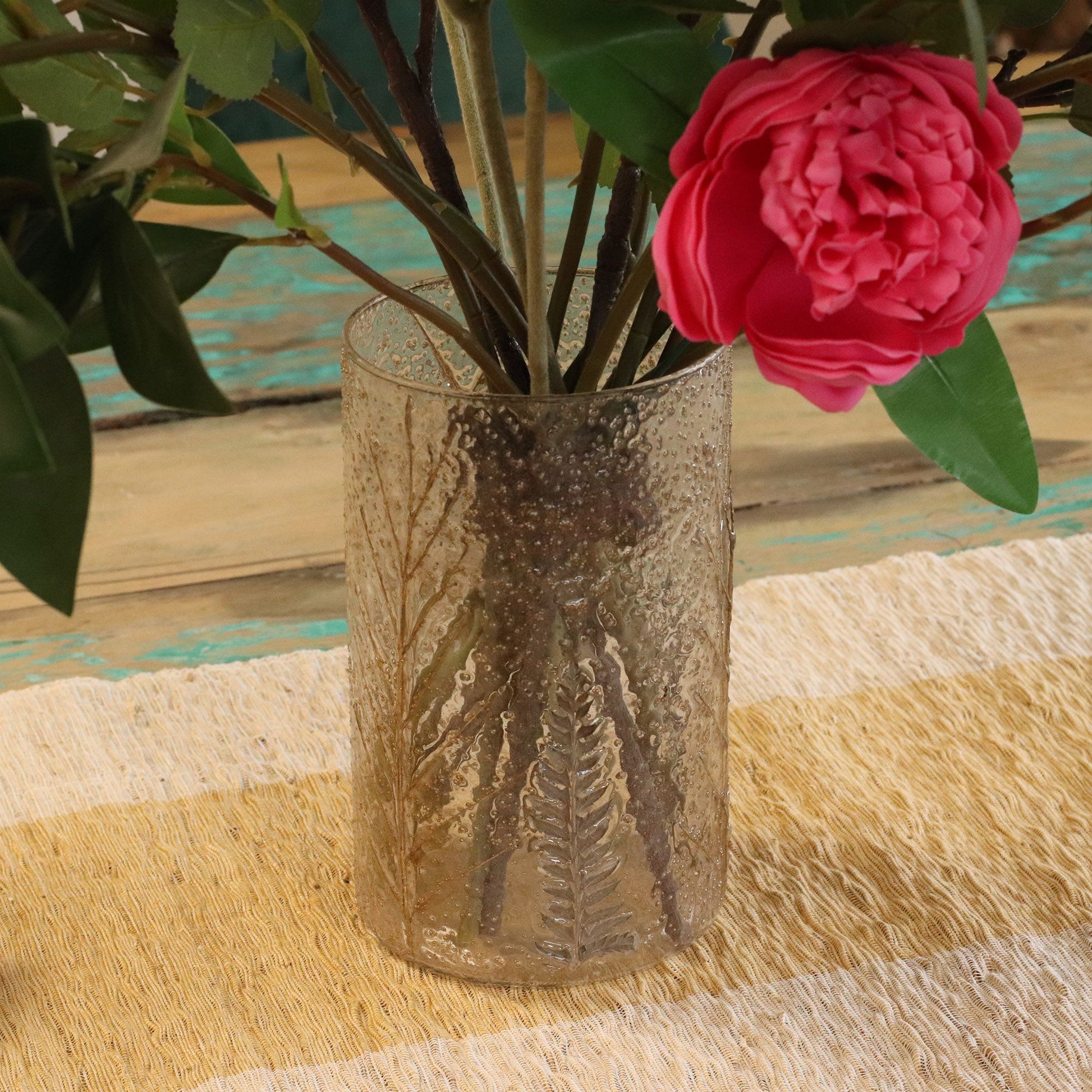 Detailed close up view highlighting the high quality craftsmanship and individual features of the natural floral glass tall vase candle holder pino 19x11cm419