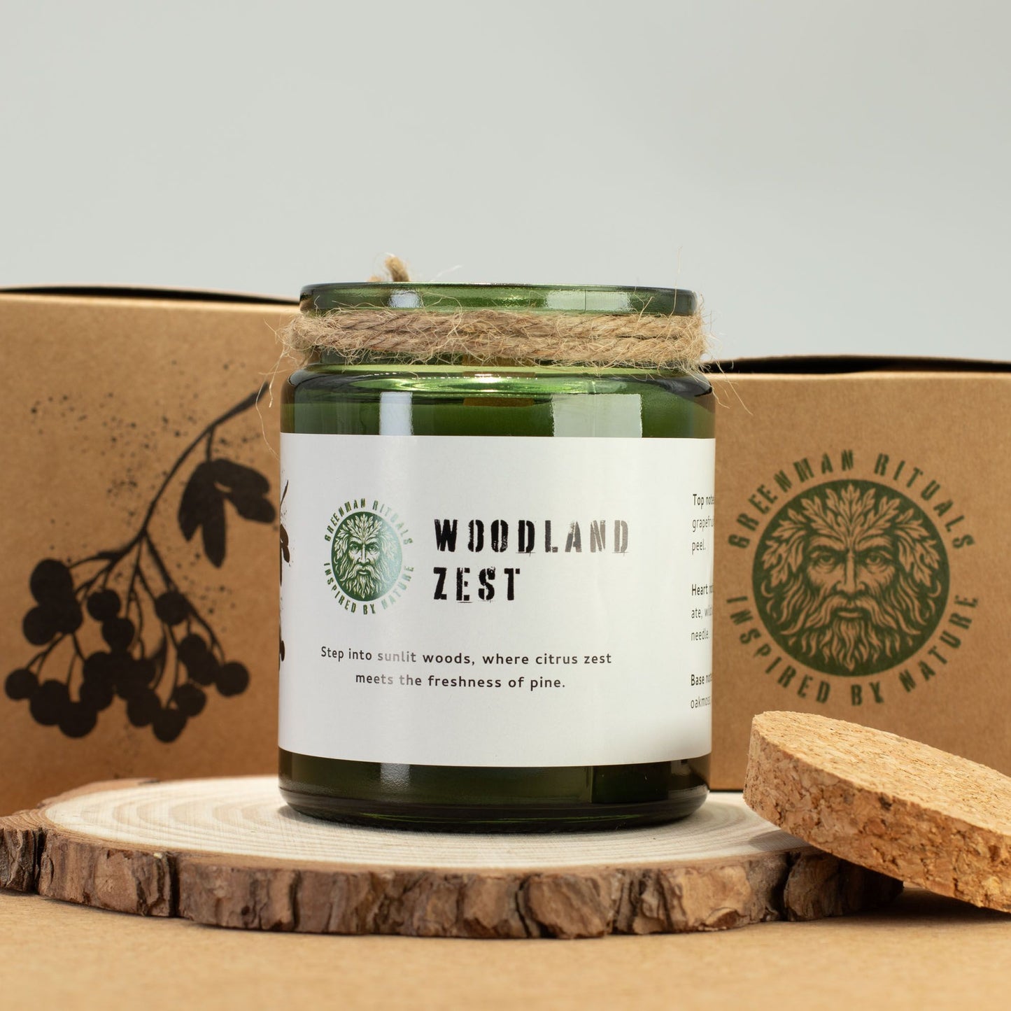 Detailed close up view highlighting the high quality craftsmanship and individual features of the greenman woodwick soy candle woodland zest404