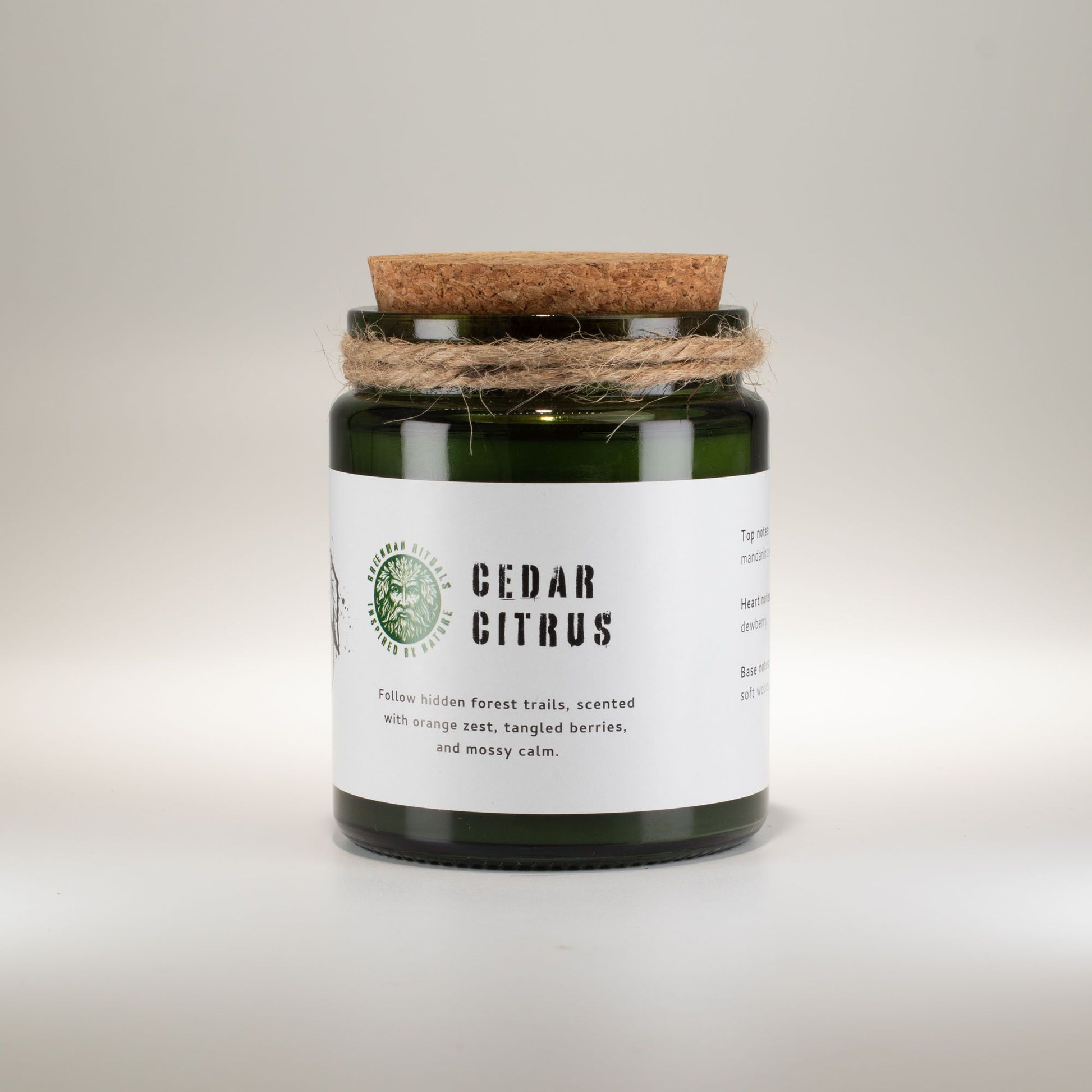 Detailed close up view highlighting the high quality craftsmanship and individual features of the greenman woodwick soy candle cedar citrus447