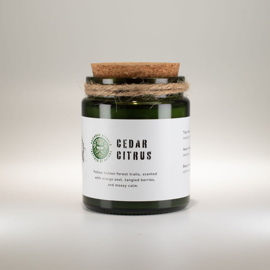 Detailed close up view highlighting the high quality craftsmanship and individual features of the greenman woodwick soy candle cedar citrus447
