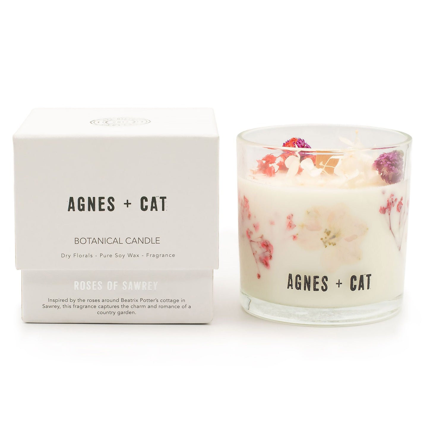 Detailed close up view highlighting the high quality craftsmanship and individual features of the agnes cat botanical soy wax candle roses of sawrey463