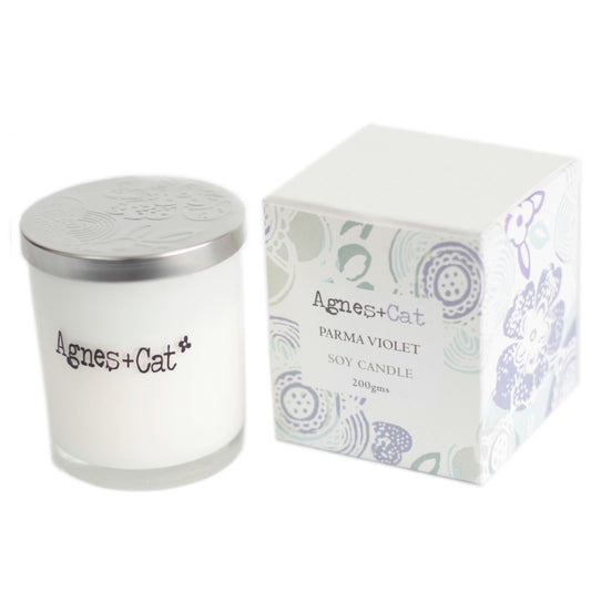 Detailed close up view highlighting the high quality craftsmanship and individual features of the agnes cat votive candle parma violet550