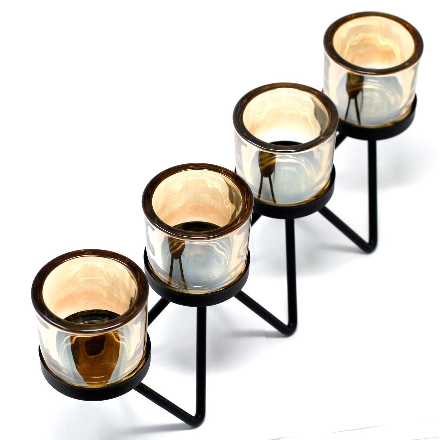 Luxury presentation of the centrepiece iron votive candle holder 4 cup zig zag428 showing the premium artisan packaging and complete set contents