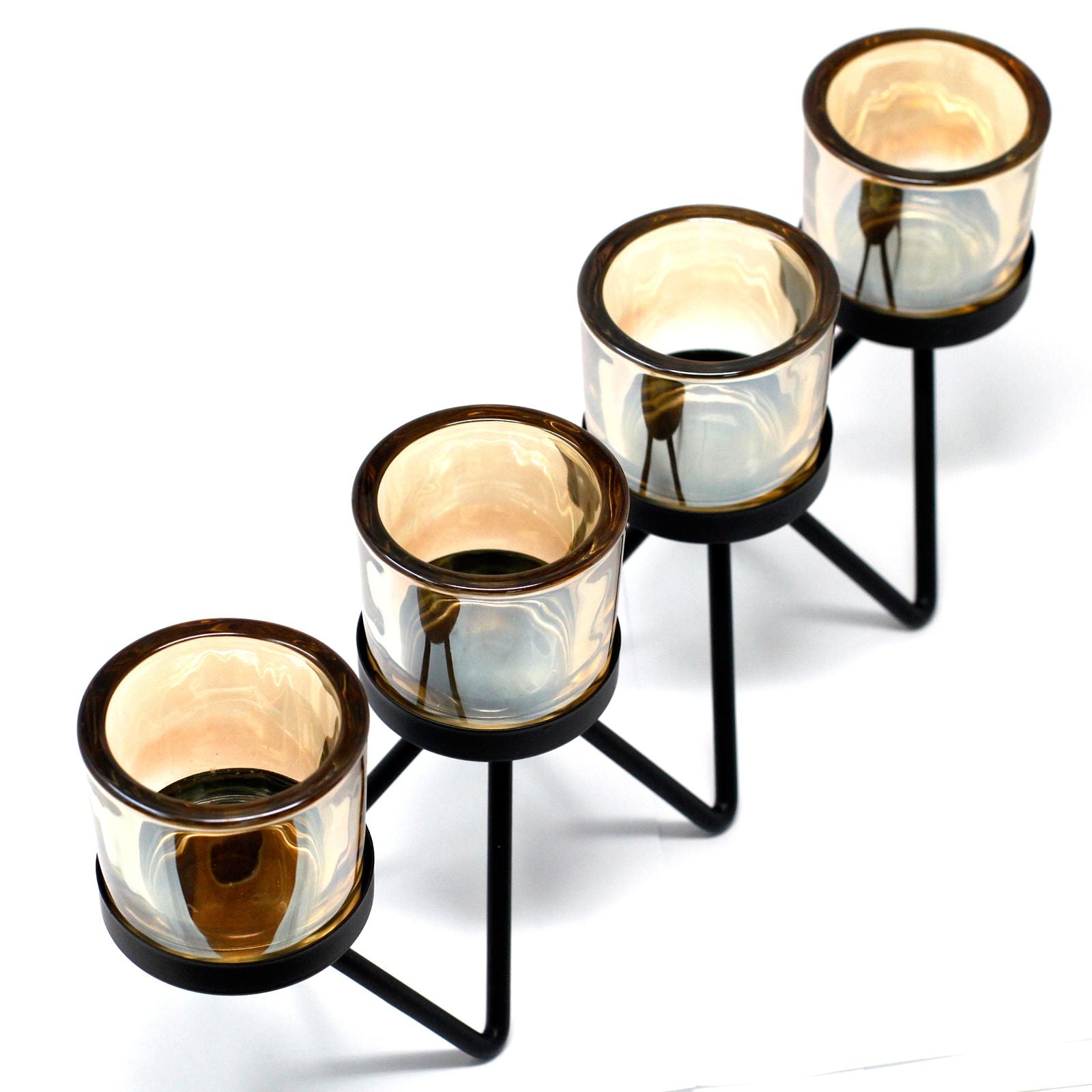 Luxury presentation of the centrepiece iron votive candle holder 4 cup zig zag428 showing the premium artisan packaging and complete set contents