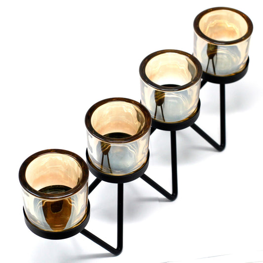 Luxury presentation of the centrepiece iron votive candle holder 4 cup zig zag428 showing the premium artisan packaging and complete set contents