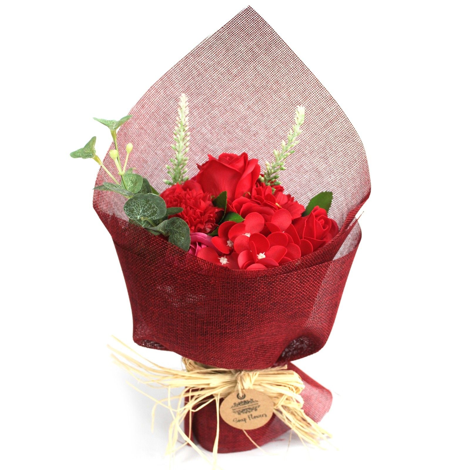 Detailed close up view highlighting the high quality craftsmanship and individual features of the standing soap flower bouquet red310