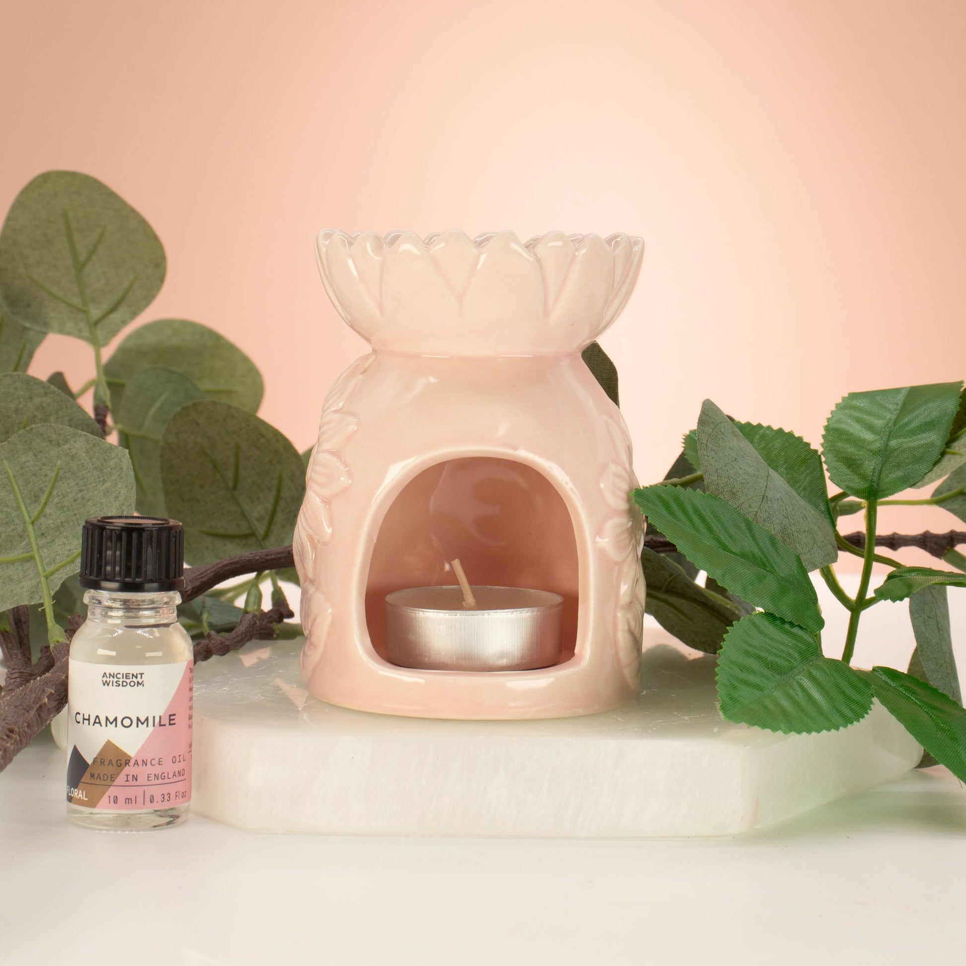 Ceramic Sunflower Oil Burner - Pastel Pink from our luxury ceramic zen oil burners collection