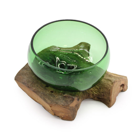 Photo 1 of Eco Recycled Glass Wide Bowl On Wood Art Ornament Premium Ed featuring authentic premium craftsmanship.