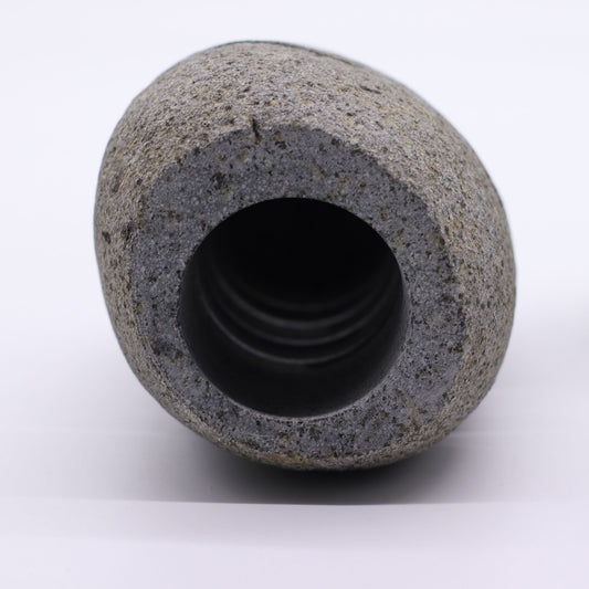 Detailed close up view highlighting the high quality craftsmanship and individual features of the natural riverstone candle holder standing stone cut596
