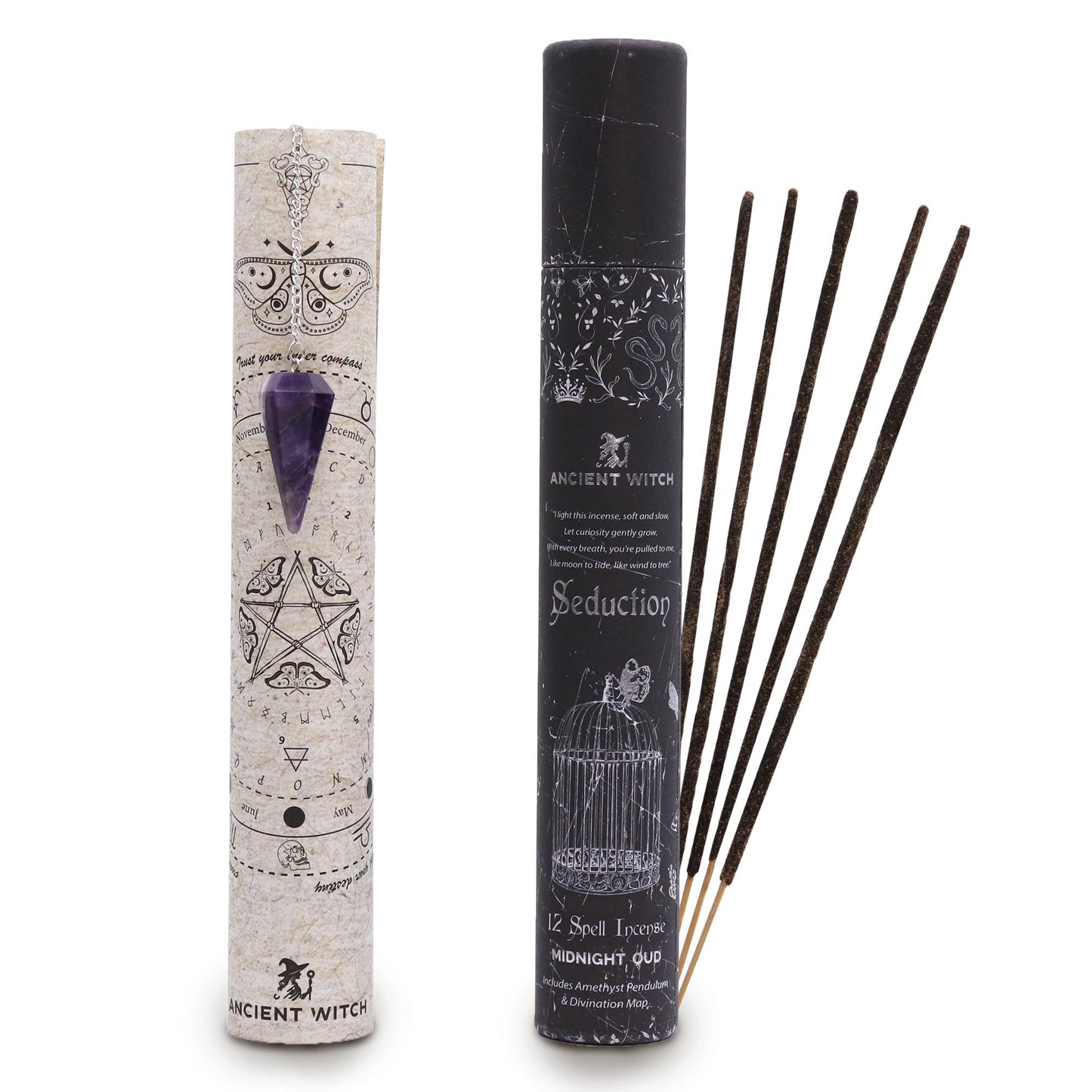 Ancient Witch Spell Incense - Seduction - Amethyst Pendulum lifestyle product photo on neutral background