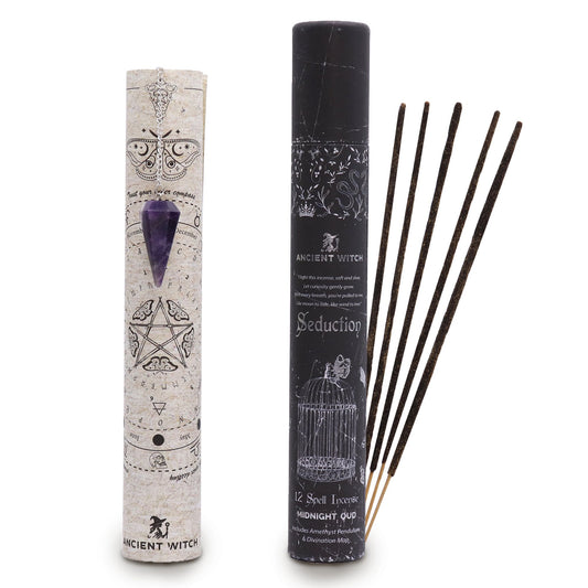 Ancient Witch Spell Incense - Seduction - Amethyst Pendulum lifestyle product photo on neutral background