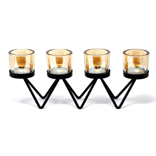 Detailed close up view highlighting the high quality craftsmanship and individual features of the centrepiece iron votive candle holder 4 cup zig zag428