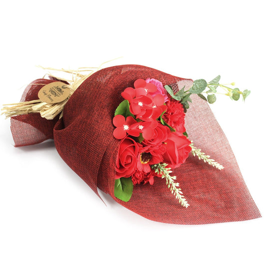 Luxury presentation of the standing soap flower bouquet red310 showing the premium artisan packaging and complete set contents