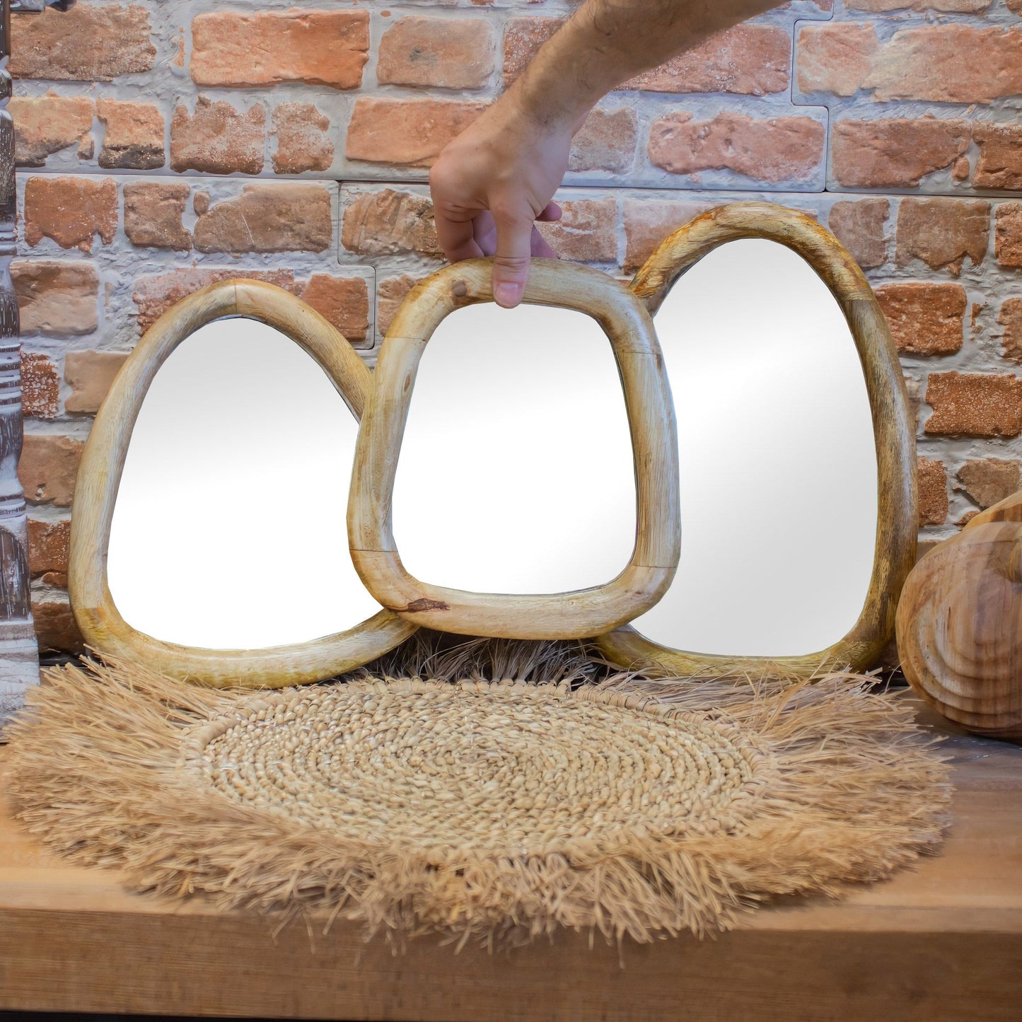 Photo 4 of Set Of 3 Pebble Shaped Mirrors - Light Wood Finish On Wood featuring authentic premium craftsmanship.