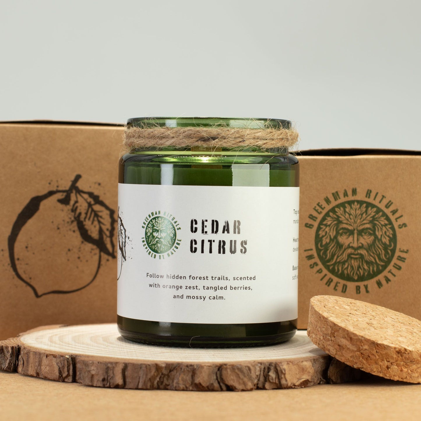Detailed close up view highlighting the high quality craftsmanship and individual features of the greenman woodwick soy candle cedar citrus447