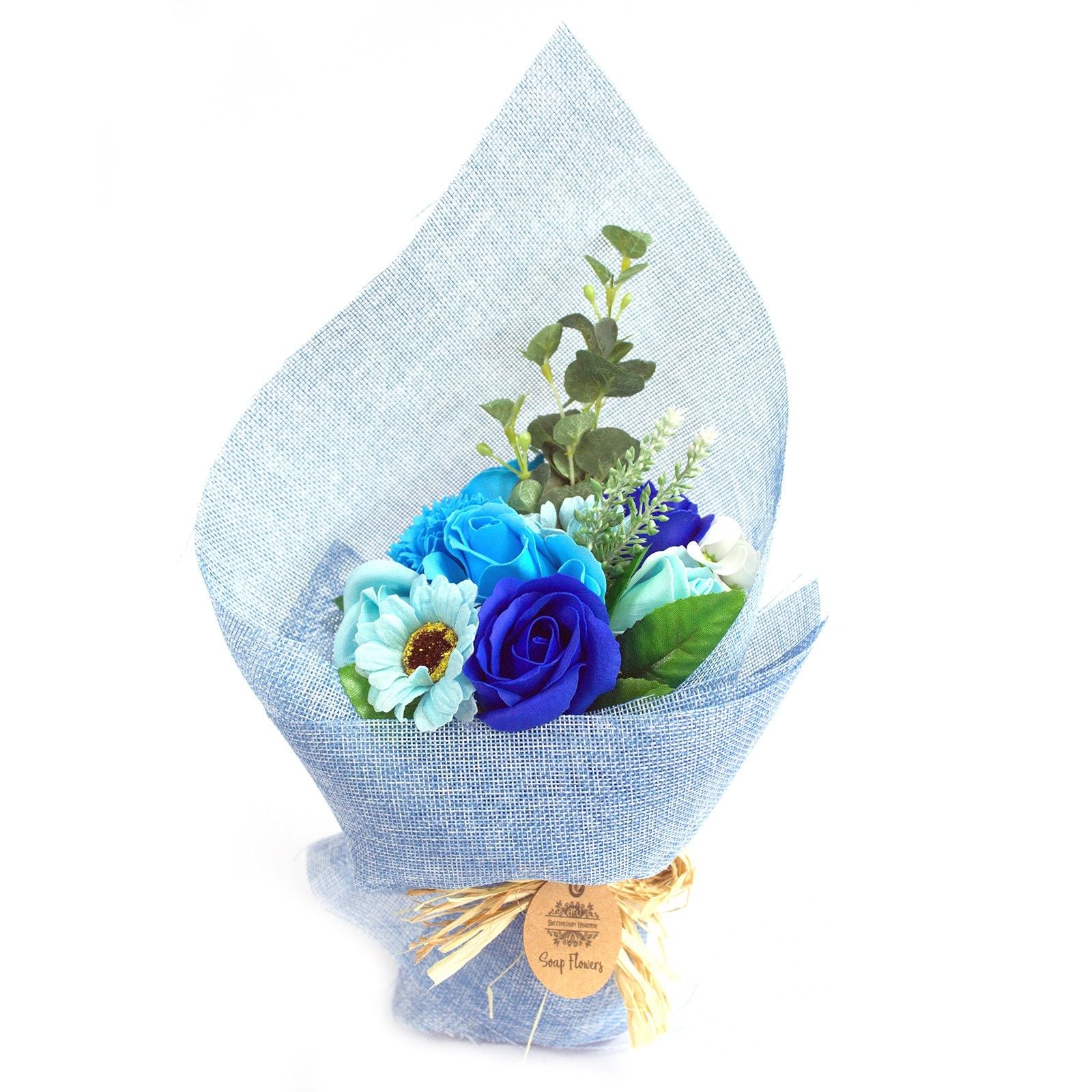 Detailed close up view highlighting the high quality craftsmanship and individual features of the standing soap flower bouquet blue840