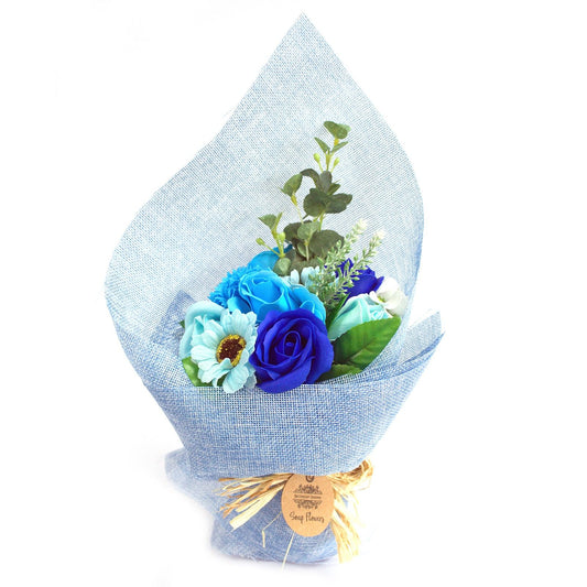 Detailed close up view highlighting the high quality craftsmanship and individual features of the standing soap flower bouquet blue840