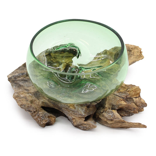 Photo 1 of Eco Recycled Glass Large Wide Bowl On Wood Art Ornament featuring authentic premium craftsmanship.