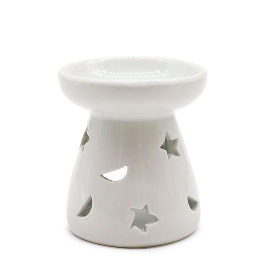 Sm Classic White Oil Burner - Moon & Star lifestyle product photo on neutral background