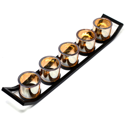Luxury presentation of the centrepiece iron votive candle holder 5 cup ledge441 showing the premium artisan packaging and complete set contents