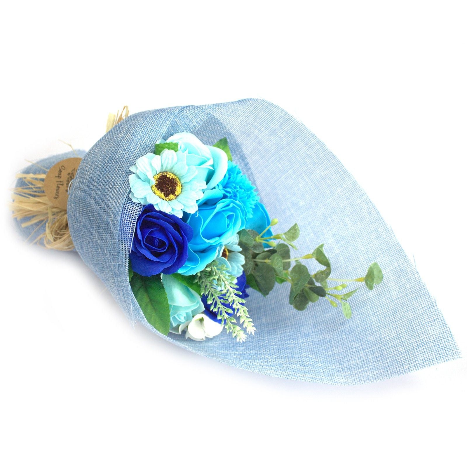 Luxury presentation of the standing soap flower bouquet blue840 showing the premium artisan packaging and complete set contents